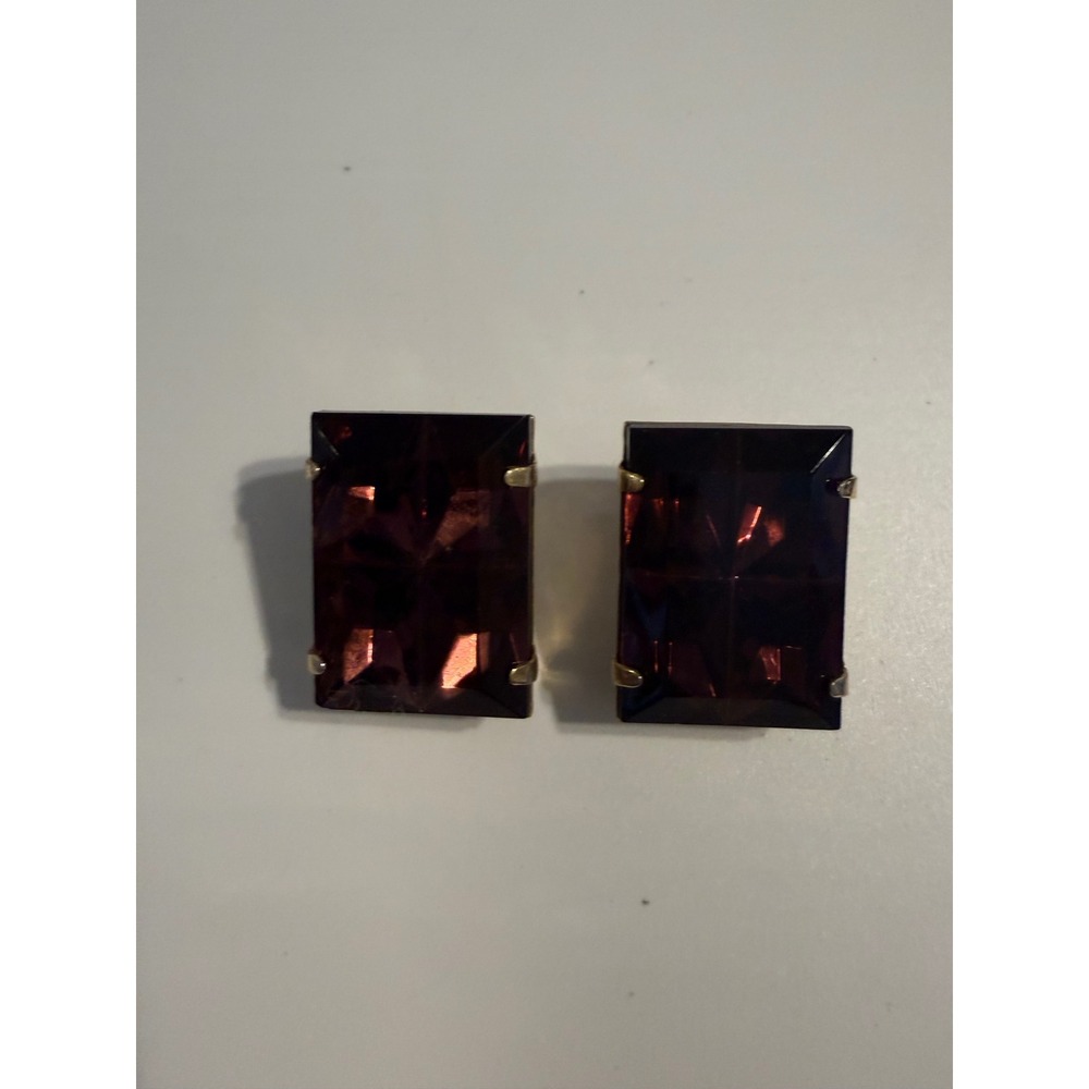 Vintage Purple Emerald Cut Glass Clip On Earrings Gold Tone Statement Jewelry